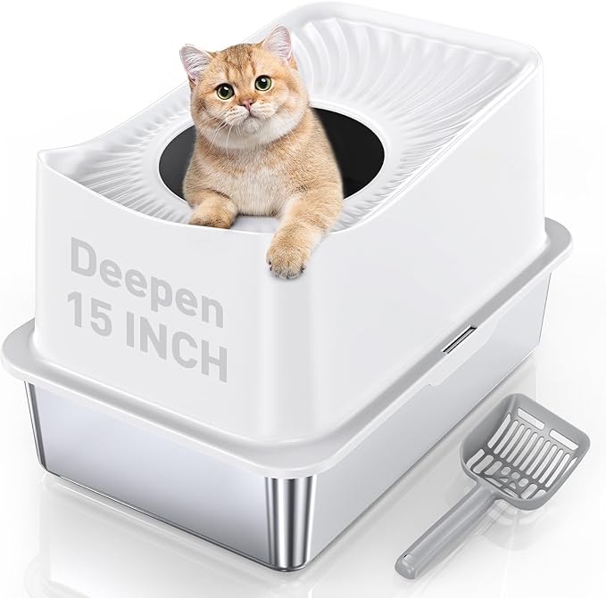 WoofiGo Stainless Steel Cat Litter Box, Large Top Entry Litter Box for Big Cats, Enclosed Kitty Litter Pan with Lid, Metal Cat Box Never Absorbs Odors, Easily Cleaning, Include Scoop