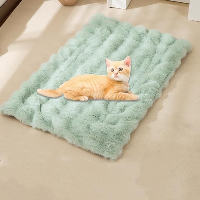 Cat Bed Mat Dog Crate Pads, Cat Beds for Indoor Cats Small Dogs, Plush Pet Bed Mats Faux Fur Dog Crate Mat with Removable Pillow for Cages/Floor/Couch (Green,L-23.6 * 35.4 in)