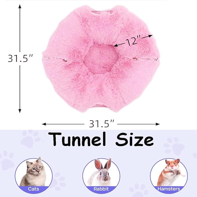 Cat Bed Tunnel Tube Toy Pink Plush Round, Collapsible Pet Tunnels for Indoor Cats, Interactive Toys Play Tubes with Hanging Ball for Kitty, Puppy, Rabbit for Fun Playtime & Exercise