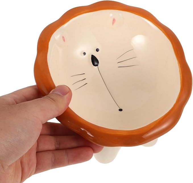 Luxshiny Ceramic Elevated Cat Food Bowl with Tilted Design Large Wide Mouth Cartoon Lion Pattern Raised Pet Bowl for Indoor Feeding and Watering