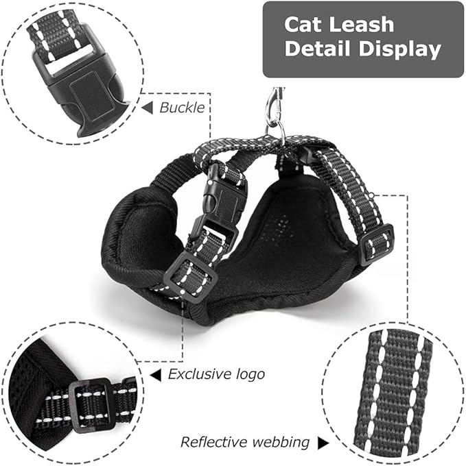 AWOOF Reflective Kitten Harness and Leash Escape Proof with Car Seat Belt, Adjustable Cat Puppy Walking Jacket with Metal Leash Ring