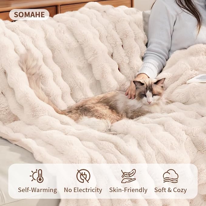 SOMAHE Cat Blanket, Reversible Sherpa & Bubble Fleece Pet Throw, Ultra-Soft Plush for Indoor Cats, Machine Washable, Anti-Static, Warm & Cozy, 22"×18" Inch White