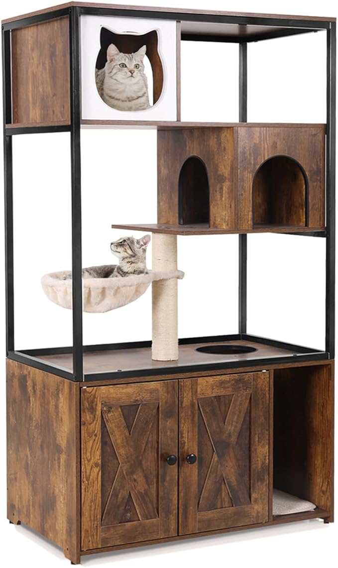 GUTINNEEN Cat Litter Box Enclosure with 4 Levels Cat Tree, 57.5 Inch Indoor Hidden Covered Cat Beds & Furniture, Cat House for Multi Small Pet Large Kitten Kitty