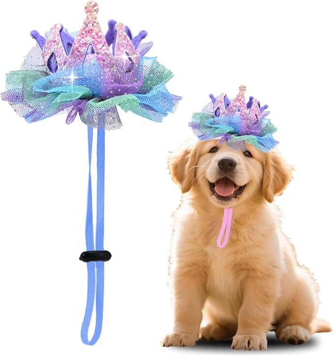 Glitter Pet Birthday Hat for Dog Cat with Sparkly Lace, Adjustable Pet Hat for Dog Cat for Birthday Party Decorations for Pet Dogs Cats Bday Hat with Lace Hair Accessories for Pet Dog Cat Puppy Hat