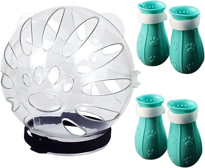 Varku Cat Helmet,Cat Muzzle for Grooming Set Cat Astronaut Helmet, 4 Plastic Paw Shoes, Anti-Bite & Lick,Transparent Breathable Space Cat Helmet Headgear with Paw Covers Blue