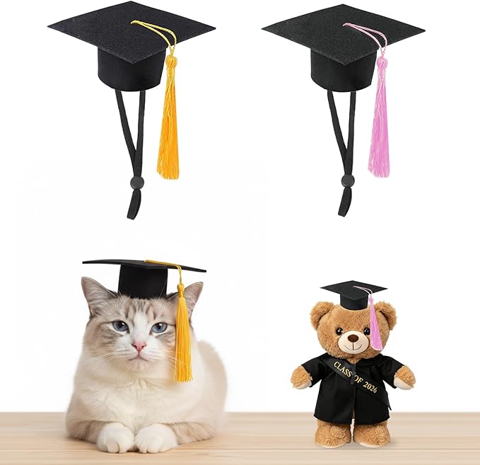 Mini Graduation Caps with Gold and Pink Tassel, 2 Pack Black Mini Graduation Caps, Small Animal Bachelor Hats for Adjustable Pet Graduation Photo Props Cat Dog Holiday Costume Accessories