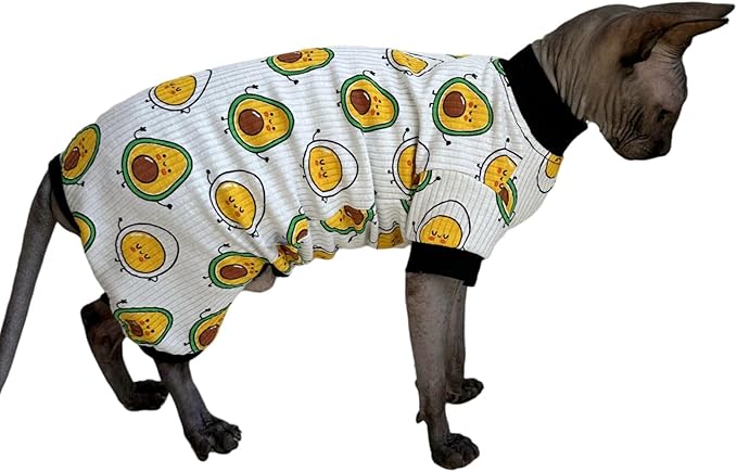 Sphynx Cat Four Leg Cotton Pajamas Elastic Pet Clothes for Hairless Cats Surgery Recovery Suit Cat Undershirt Clothes for Sphynx, Devon, Cornish (Egg & Avocado, M)