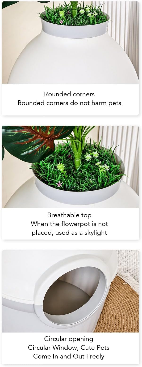 Hidden Litter Box Plant Enclosure, Extra Large Splash Proof Cat Litter Box Enclosed Semi Enclosed Structure Decorative Hidden Pet Bathroom with Plastic Plant & Scoop