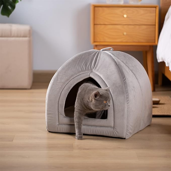 KASENTEX Cat Bed for Indoor Cats, 2-in-1 Cat House Pet Bed and Pet Supplies for Kitten and Small Cat or Dog - Animal Cave, Cat Tent with Removable Machine Washable Pillow Cushion (Grey 15x15x15)