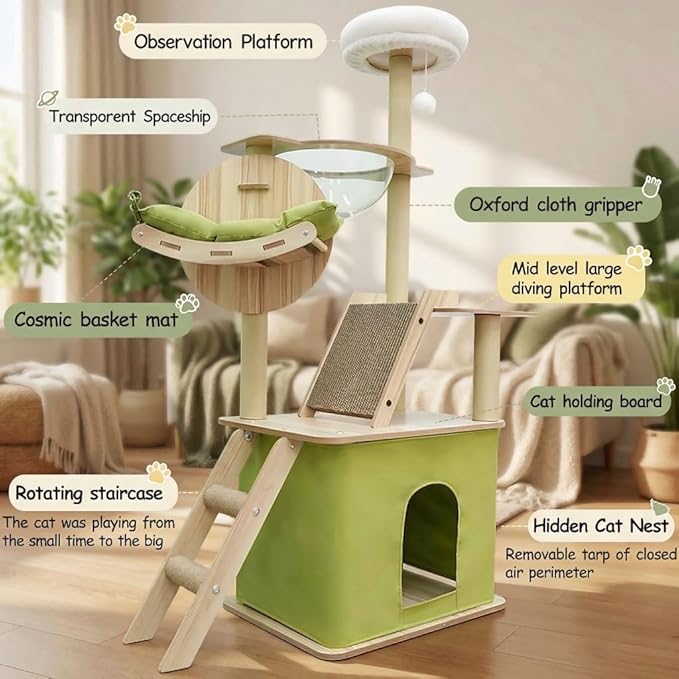 59.1-Inch-Green Cat Tree for Indoor Cats Large Adult, with Cat Condos,Cat Scratchers,Cat Hammock,Space Capsule, Plush Jumping Platform,Hanging Ball,Cat Trees for Indoor Cats(Green/Log Color)