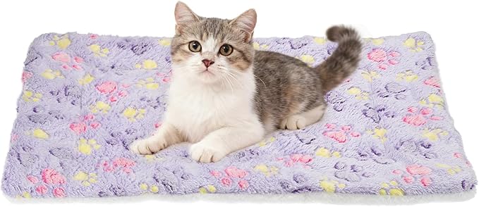Dog Cat Bed Mat, Soft Coral Fleece Pet Cushion Pad with Cute Paw Print, Warm Washable Pet Bed 21x14 Inches, (Purple), Intended for Medium Small Dog Cat