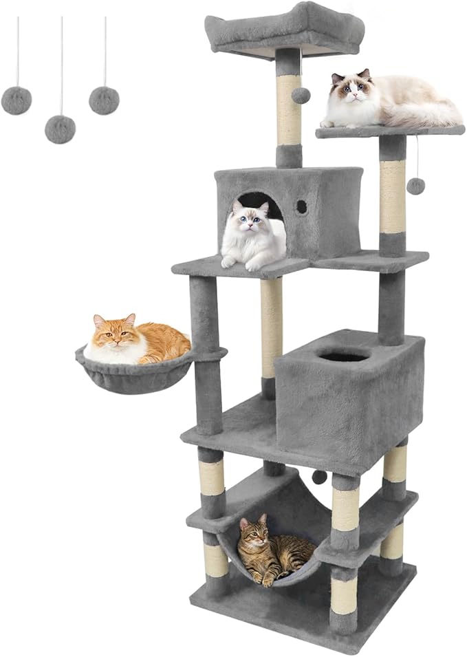 Tangkula 66 Inch Tall Cat Tree, Multi-Level Cat Tower with Sisal Scratching Posts, 2 Condos, Plush Perch, Hammock, Basket, Dangling Toys, Cat Climbing Furniture for Indoor Cats (Light Gray)