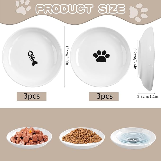 6 Pack Cat Food Bowl, Ceramic Cat Bowls, Anti Whisker Fatigue Cats Bowl Set,5.5 Inches Shallow Wide Kitten Plates for Food and Water (White-A)