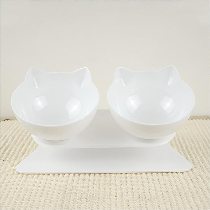 Cat Double Bowl Dog Non-Slip Food with Raised Stand Feeding & Watering Supplies Pet(Double White)