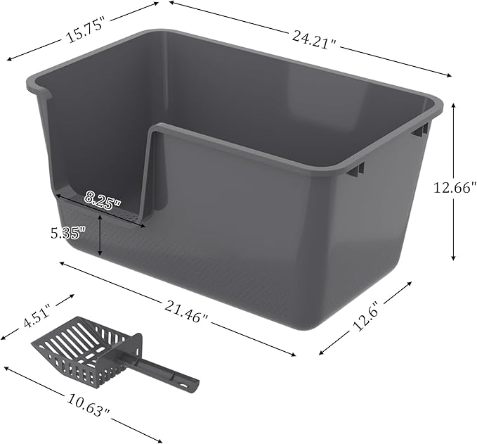 Open Cat Litter Box, Large Standard Litter Box, Kitten Litter Potty Pan for Small & Large Cats, Easy to Clean, Low Entry, 4 Units, Grey