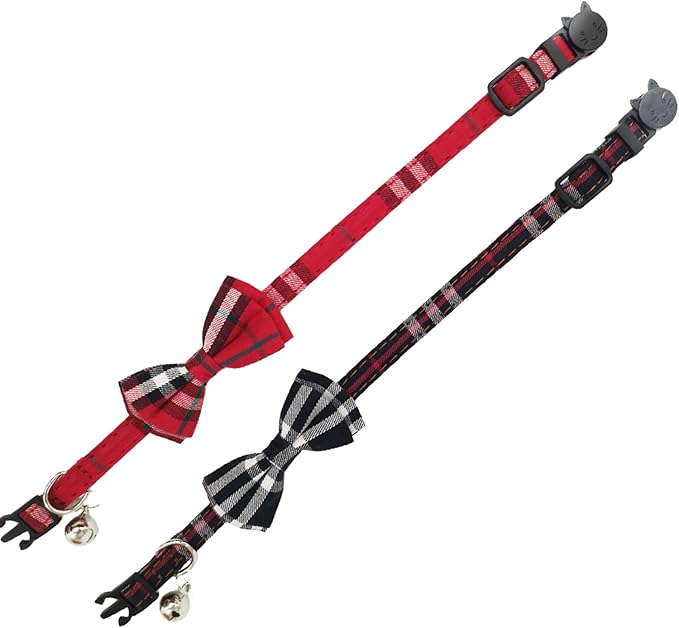 2 Pack/Set Cat Collar Breakaway with Cute Bow Tie and Bell for Kitty and Some Puppies, Adjustable from 7.8-10.5 Inch (Red+Black, Plaid)