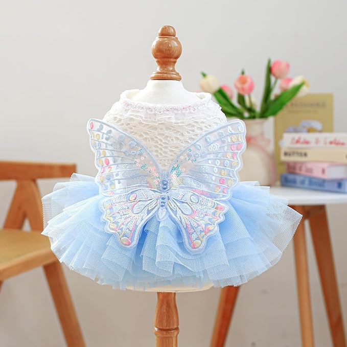 Pet Dog Cat Princess Dress, Fairy Butterfly Tulle Skirt, White Knitted Top with Blue Puffy Bottom, Lace Collar, Embroidered Wings, Puppy Kitten Outfit 14.3-17.6lbs(Light Blue,XL)