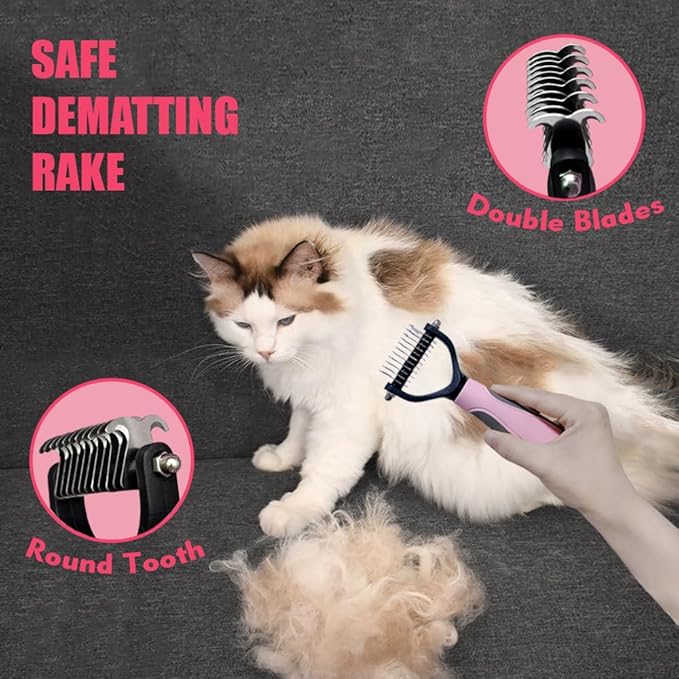 Cat Bath Towel 3pcs Grooming Brush Kit - Shedding Brush for Long-Haired Cats, Indoor Cats with Flea Comb, Pink