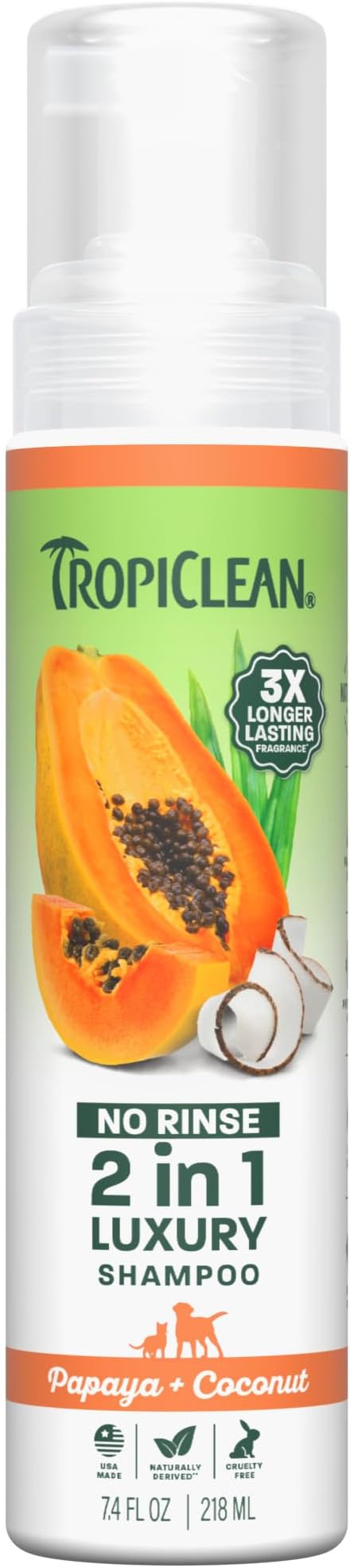 TropiClean No Rinse Waterless Dog Shampoo | Detangling & Deodorizing Dry Shampoo for Smelly Pets | Moisturizes Dry Skin | USA Made | Papaya Scent | 7.4oz