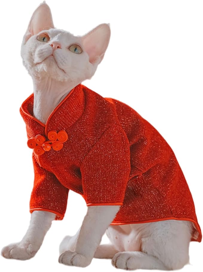 Traditional Culture Sphynx Hairless Cat Cotton T-Shirts Cat Clothes Pet Sweater Cat Vest Pet Clothes Kitten Shirts Cats & Small Dogs Apparel (Red Chi-Pao, XXL (13-15 lbs))