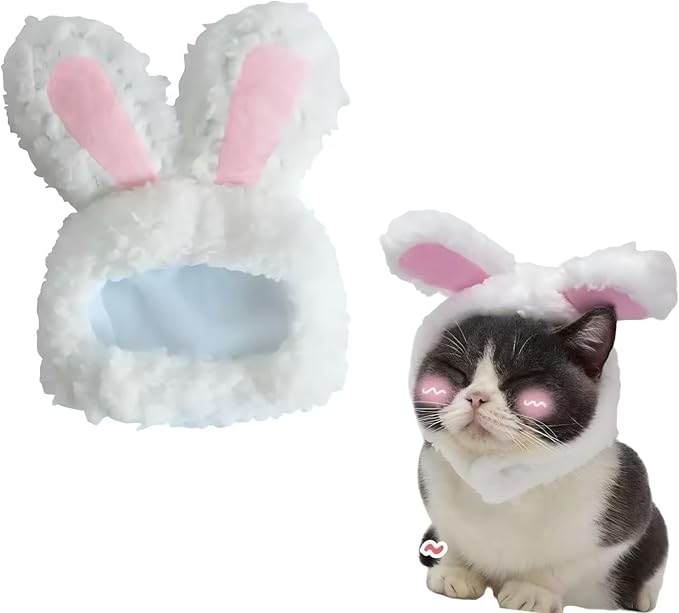 Rabbit Ears Hat for Cats & Small Dogs - Adjustable Plush Bunny Costume Headband for Easter, Halloween & Pet Party Dress Up (White)