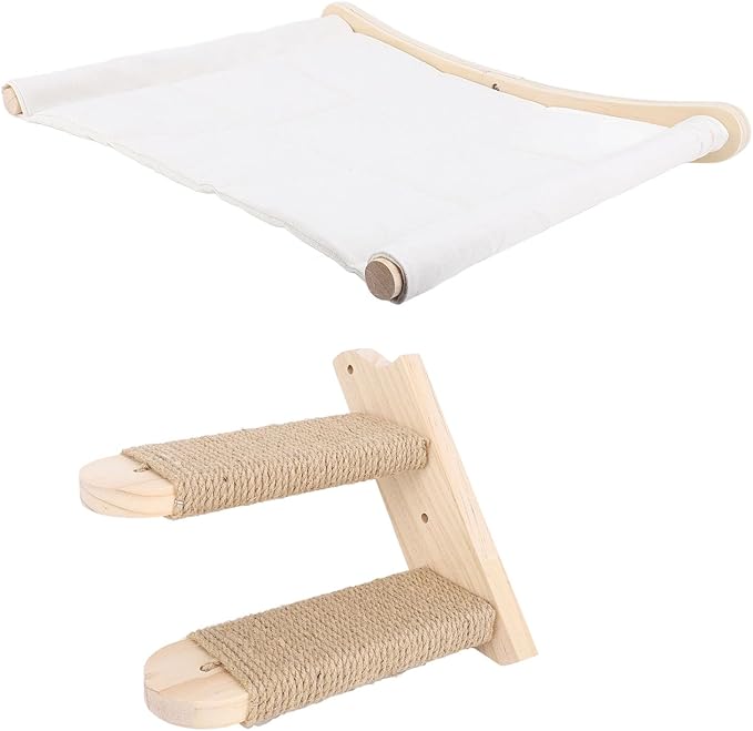 Cat Shelves for Indoor Cats Cats Wall Hammock with Steps Sturdy Wooden Cat Furniture Space Saving Wall Mounted Bed for Play Relaxation Easy Installation with Cushions Included