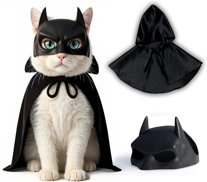 Black Bat Cat Mask and Cloak Costume for Indoor Cats, Funny Superhero Pet Outfit for Christmas, Cosplay, Parties and Photoshoots, Hooded Cape for Cats Big Size