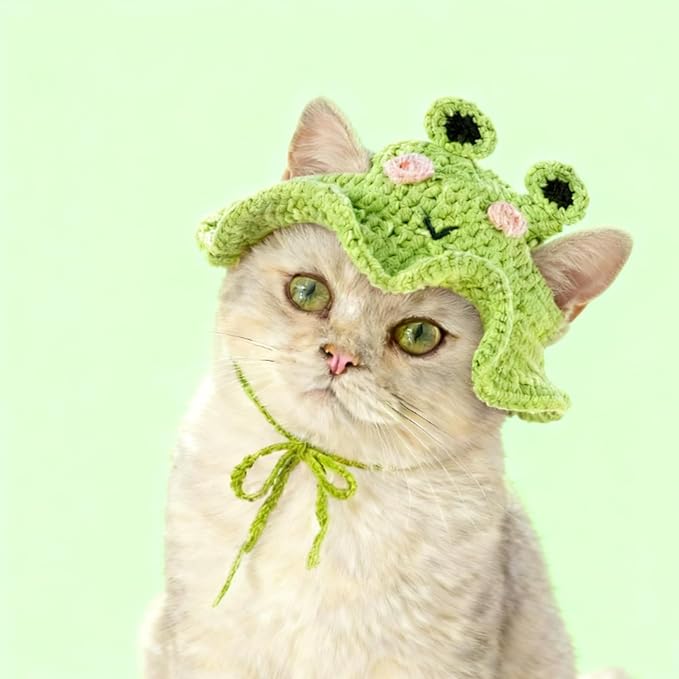 Frog Cat Hats,Cute Cat Caps Bonnet, Soft Cats for Kittens & Small Dogs,Outfits for Cats Cat Sombrero Perfect for Birthday Halloween Christmas Costume (Frog)