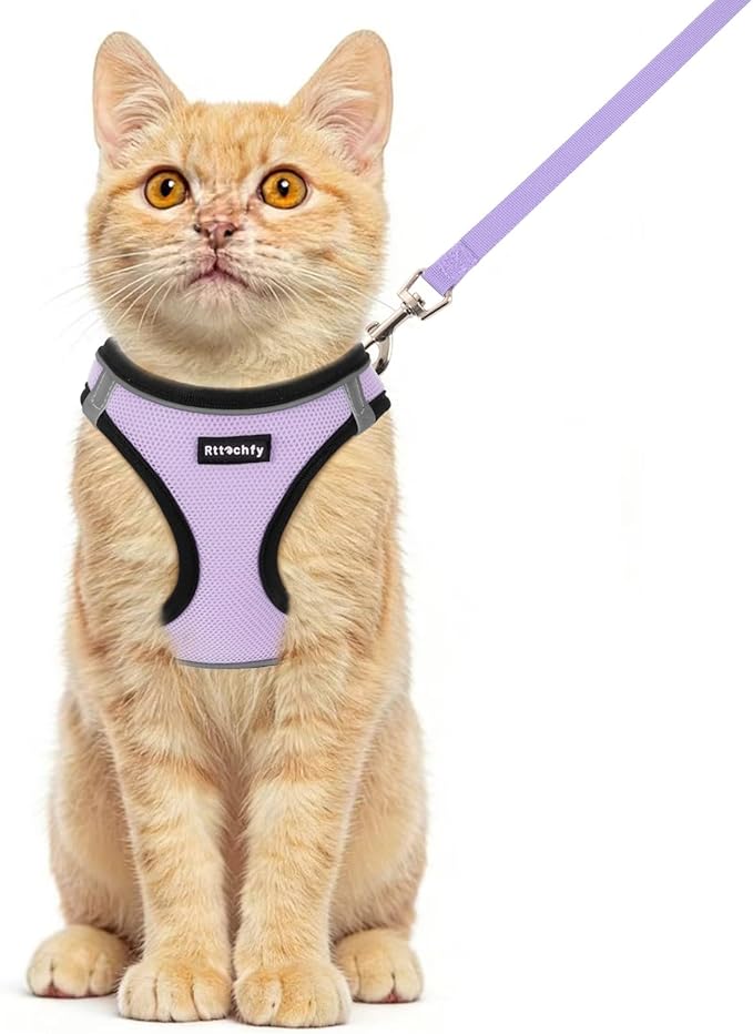 Rttochfy Cat Harness and Leash Set, Escape Proof Kitten Harness, Soft and Breathable Vest with Reflective Strip, Easy to Wear for Cats Walking and Traveling (BK Purple, S)