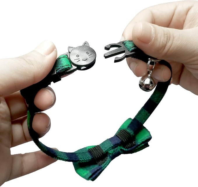 2 Pack/Set Cat Collar Breakaway with Cute Bow Tie and Bell for Kitty and Some Puppies, Adjustable from 7.8-10.5 Inch (Green+Orange, Plaid)