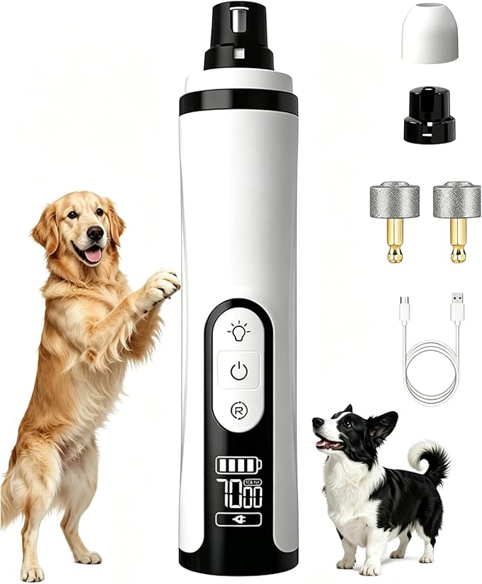 Silent Pet Nail Grinder Pro, 2025 New Dog and Cat Nail Trimmer with LED Light and 3 Speed Settings, Suitable for Thick and Long Nails(1+2*Replacement Head)