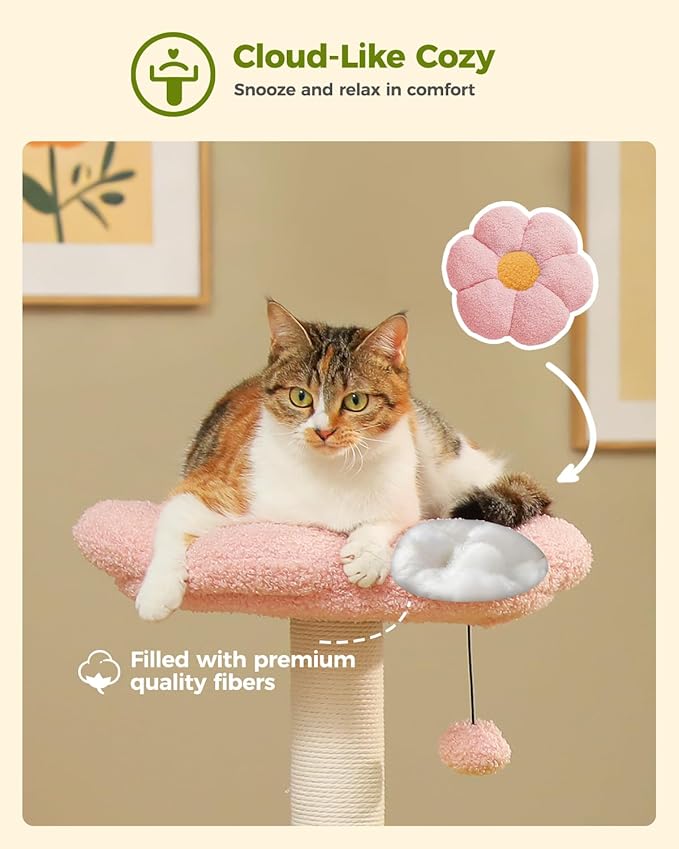 MUTTROS Flower Cat Tree with 2 Large Hammocks, 37.4" Small Cat Tower for Indoor Kitty with 6 Scratching Posts, Cute Cat Tree with Flower Top Perch, Pink