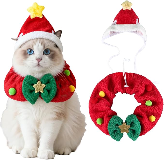 Cat Christmas Outfit 2pcs Set, Cat Santa Hat with Wreath Scarf, New Year Decoration Costume Suit for Small Dogs, Rabbits, Red