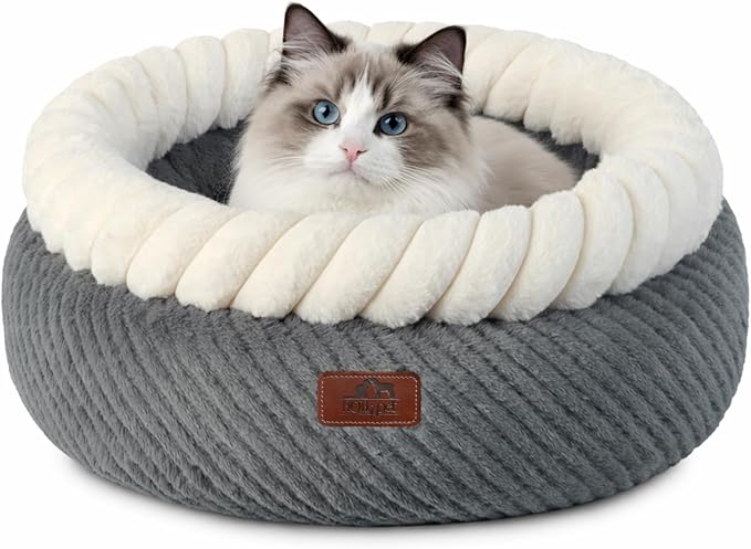 Hollypet Cat Bed for Indoor Cats Kitty Beds, Round Washable Fluffy Small Dog Bed, Soft Cozy Plush Pet Beds for Puppy and Kitten with Non-Slip Bottom (20" D * 8" Th, Gray)