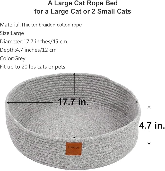 Large Cat Bed Basket Round Cotton Rope Woven - Calming Rope Bed Sleep Surface 17.7 inches(45 cm),Cozy Scratching Indoor Pet Bed for a Large Cat or 2 Small Cats,Fit up to 20 lbs Pets,Washable,Grey