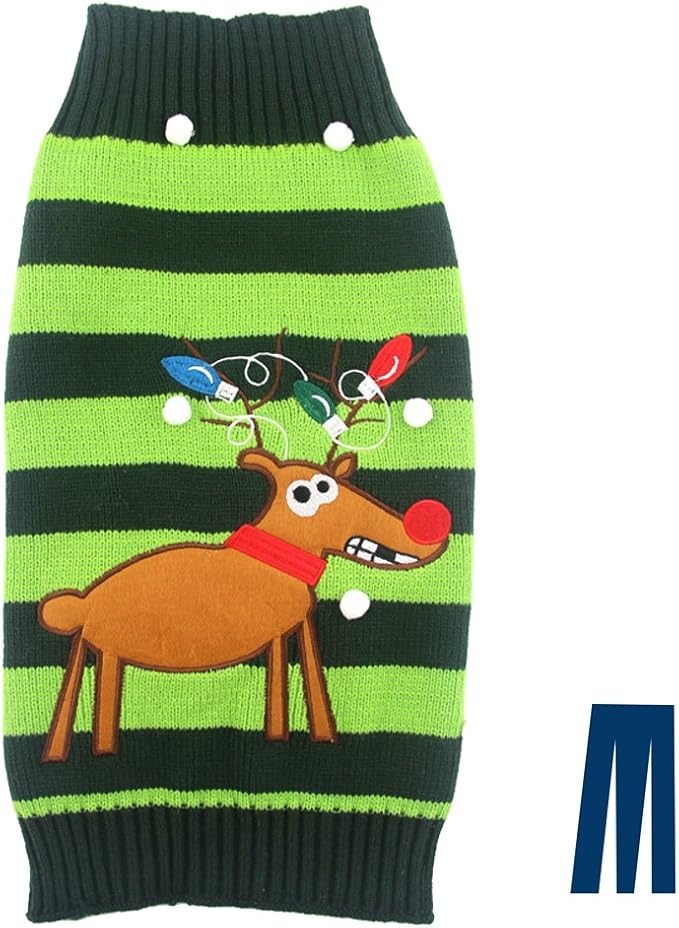 Mikayoo pet Sweater for Small Dog/cat,Ugly Sweater,Color Horizontal Stripes,Christmas Holiday Xmas, Elk Series, Reindeer Series,with Lights and Snowball(L)