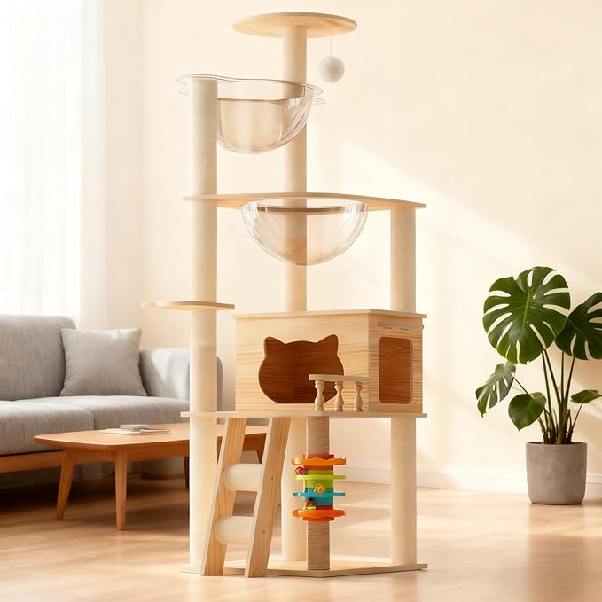 Modern Wood Cat Tower for Indoor Cats, Cat Tree with Sisal Scratching Posts, Top Perch, and Acrylic Hammock, Condo for Small and Large Cats (59")