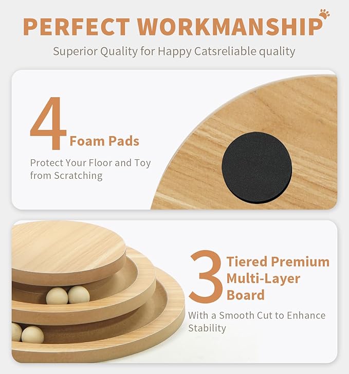 Made4Pets Cat Scratching Post Cat Scratcher Kitten Toys for Indoor Cats Wooden Ball Track Two-Layer Modern Sisal 23.4" Tall Scratch Post Interactive Toy with Dangling Ball Middle Size