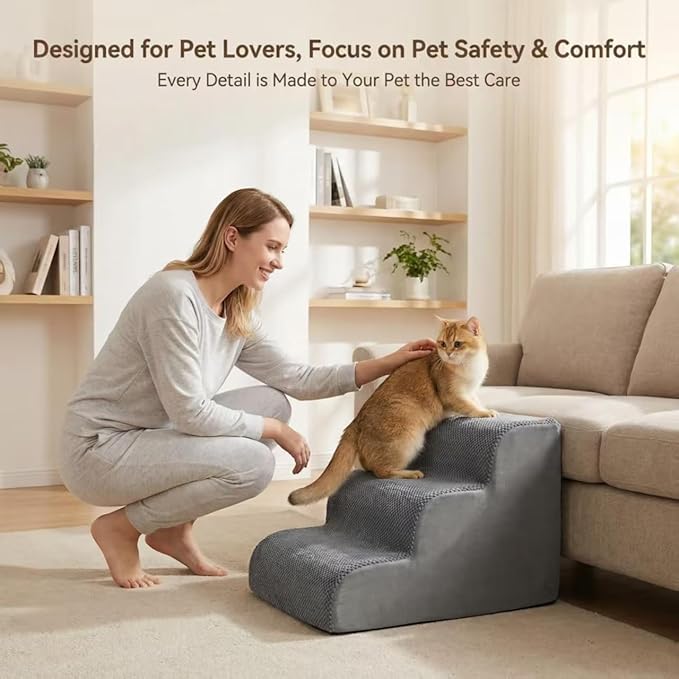 Dog Stairs for Small Dogs，35D Pet Stairs Steps 15” H with Durable Non-Slip Waterproof Fabric Cover, Slope Stairs to Bed for Small Dogs and Cats or Pets Joints, 3 Step Dog Ramp for Couch and Bed