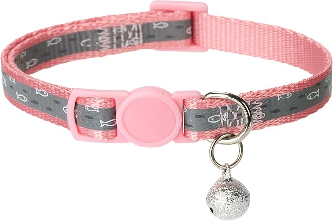 Reflective Cat Collar Safety Breakaway Nylon Kitten Collars with Bell for Female Girl Cats,Pink