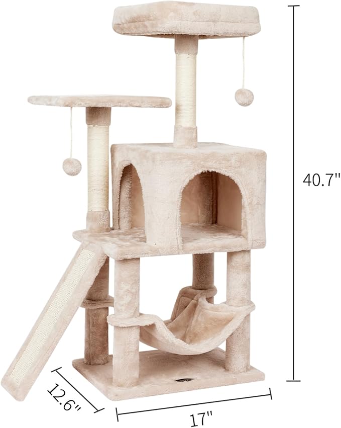 Cute Cat Tree Tower for Indoor Cat Tower with Scratching Post Modern Activity House Hammock Hanging Ball Condo with Board Beige