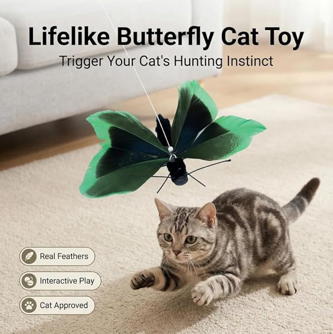 Cat Insect Feather Toys Replacement - 4 Pcs Handmade Natural Butterfly - Cat Toy Wand Refills - Simulation Mini Insects Cat Lures Wand Attachment Replacement for Kitty