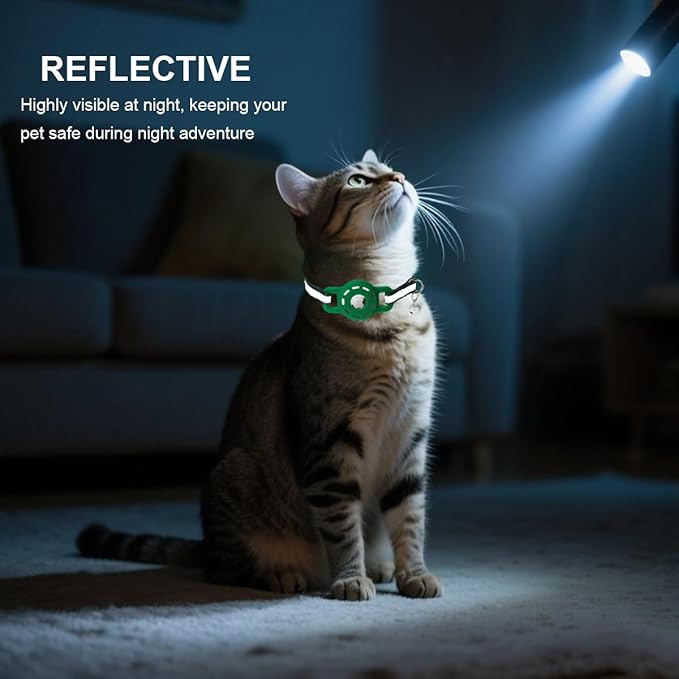 Reflective Cat Collar with Airtag Holder Breakaway Safety Airtag Kitten Collars with Bell for Male Female Boy Cats,Dark Green