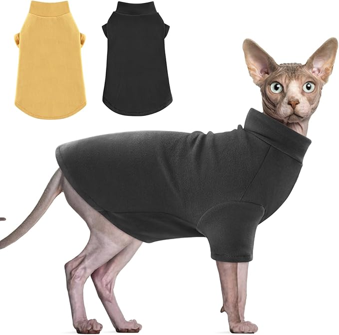 Idepet Sphynx Cats Sweater 2 Pack,Turtleneck Hairless Cat Shirt Soft and Warm Kitten Clothes with Sleeves Pullover Pet Winter Pajamas Jumpsuit for Cat Puppy (Black&Yellow, X-Large)