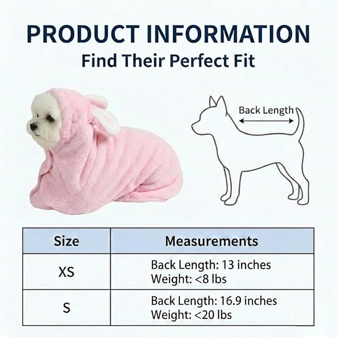Dog Bathrobe Super Absorbent Towel for Small Dogs Cats Fast Drying Dog Robe Coat with Hood Puppy Cat Bath Towel Wrap Pet Grooming Supplies After Shower (Light Pink,S)