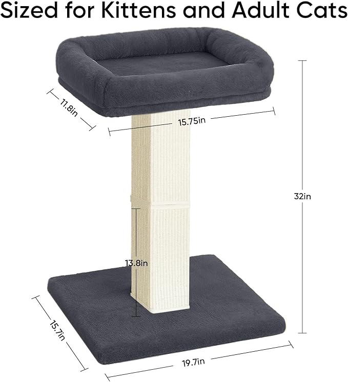 Cat Scratching Post, 32”Cat Scratcher with Large Plush Perch, Sisal & Carpet Scratching Post, Vertical Posts with Elevated Bed for Indoor Cats, Removable& Washable Cover, Dark Grey
