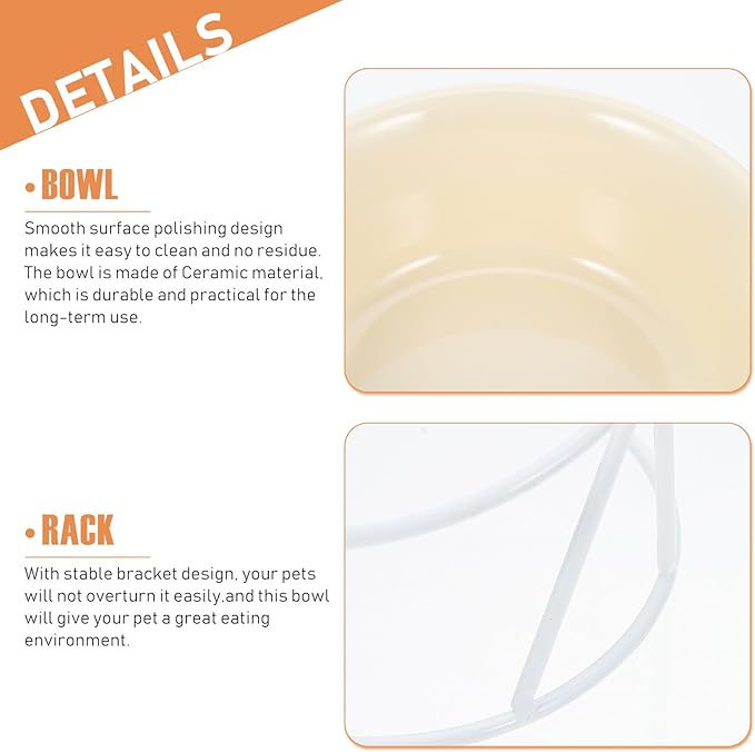 TEHAUX Ceramic Elevated Pet Bowl Set with Iron Stand, Raised Cat Food and Water Container, Light Beige Single Bowl for Cats and Dogs, Whisker Relief Feeder for Home Use