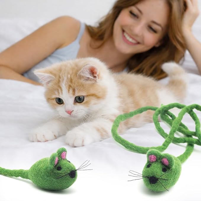 Glaciart One Felt Mouse Cat Toy – Soft Fuzzy Enrichment 100% Natural Wool - Interactive Catnip Play Cat Toy Set - Safe for Pets, Non-AZO Colored Dyes - 42” Long