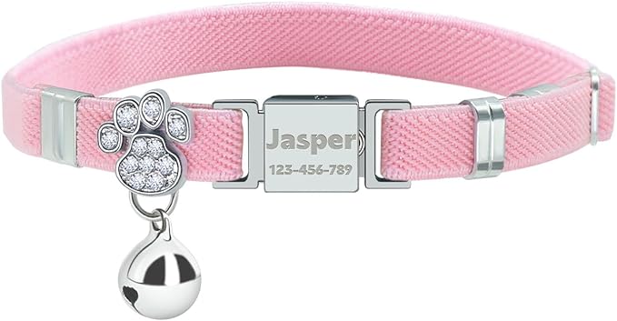 Personalized Safety Elastic Cat Collars with Bell,Laser Customized Stretch Kitten Collars for Girls Boys Cats-Pink