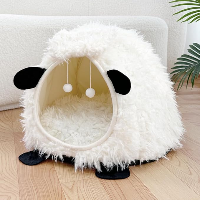 LYFJMUS Mushroom Cat Bed Chocolate Cookie Cat Beds for Indoor Cats Mushroom Cow Shape Cat Cave Bed Cat Tent with Removable & Washable Cushion Pillow Cat House Bed for Cats Small Dogs ﻿ (White Sheep)